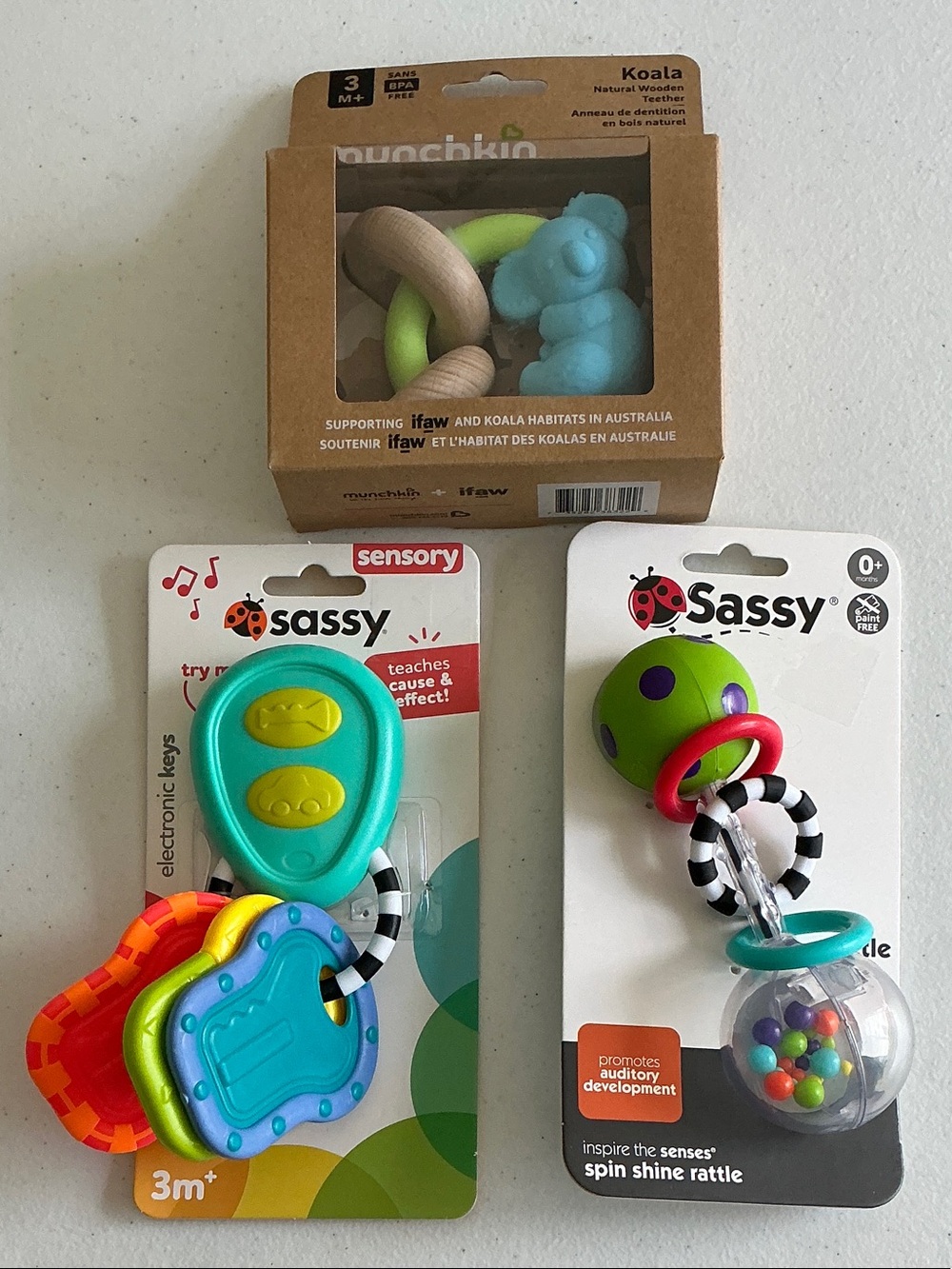 Munchkin Blue Koala Natural Wooden Teether, Sassy Rattle and Sassy Keys